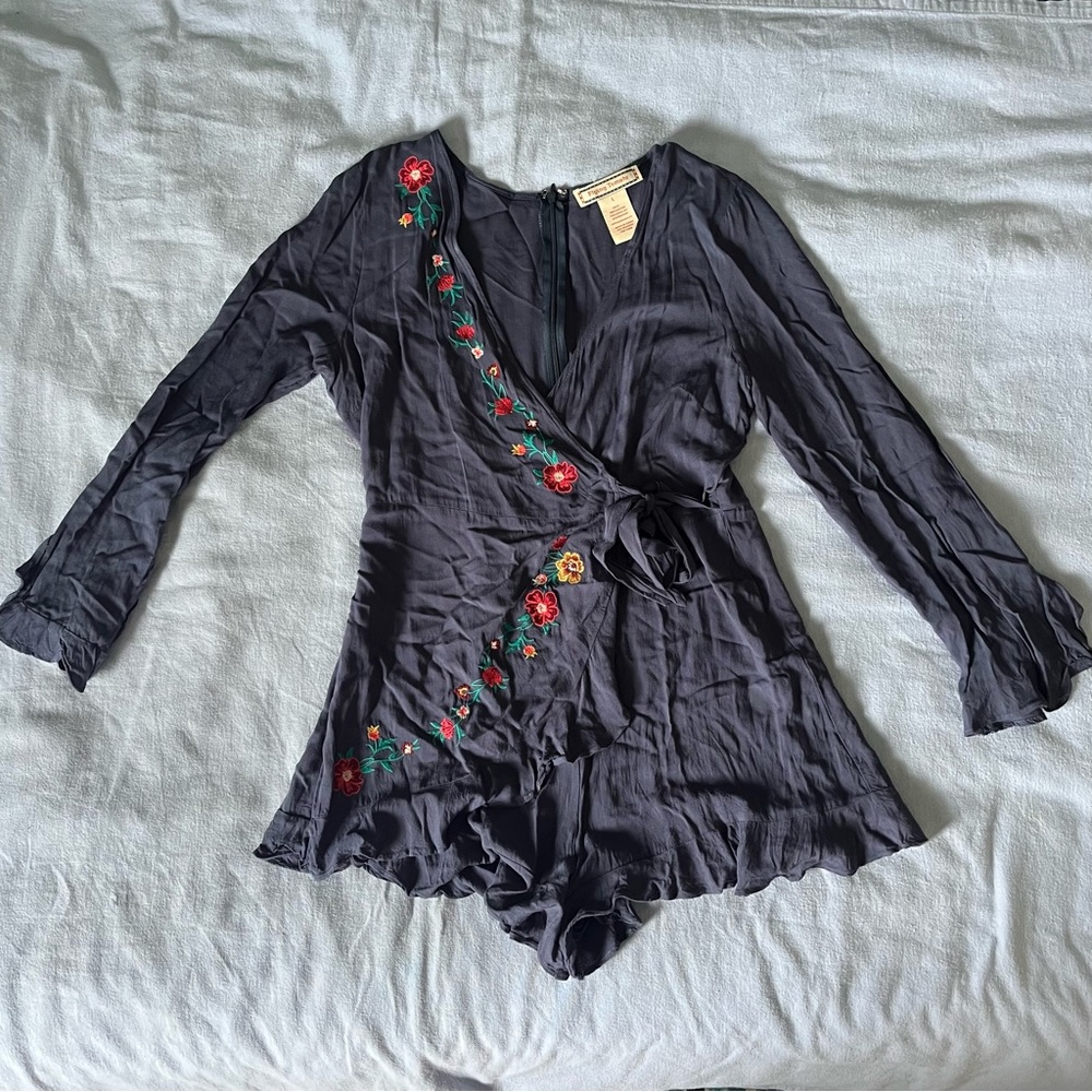 Flying Tomato navy blue embroidered flowers wrap romper